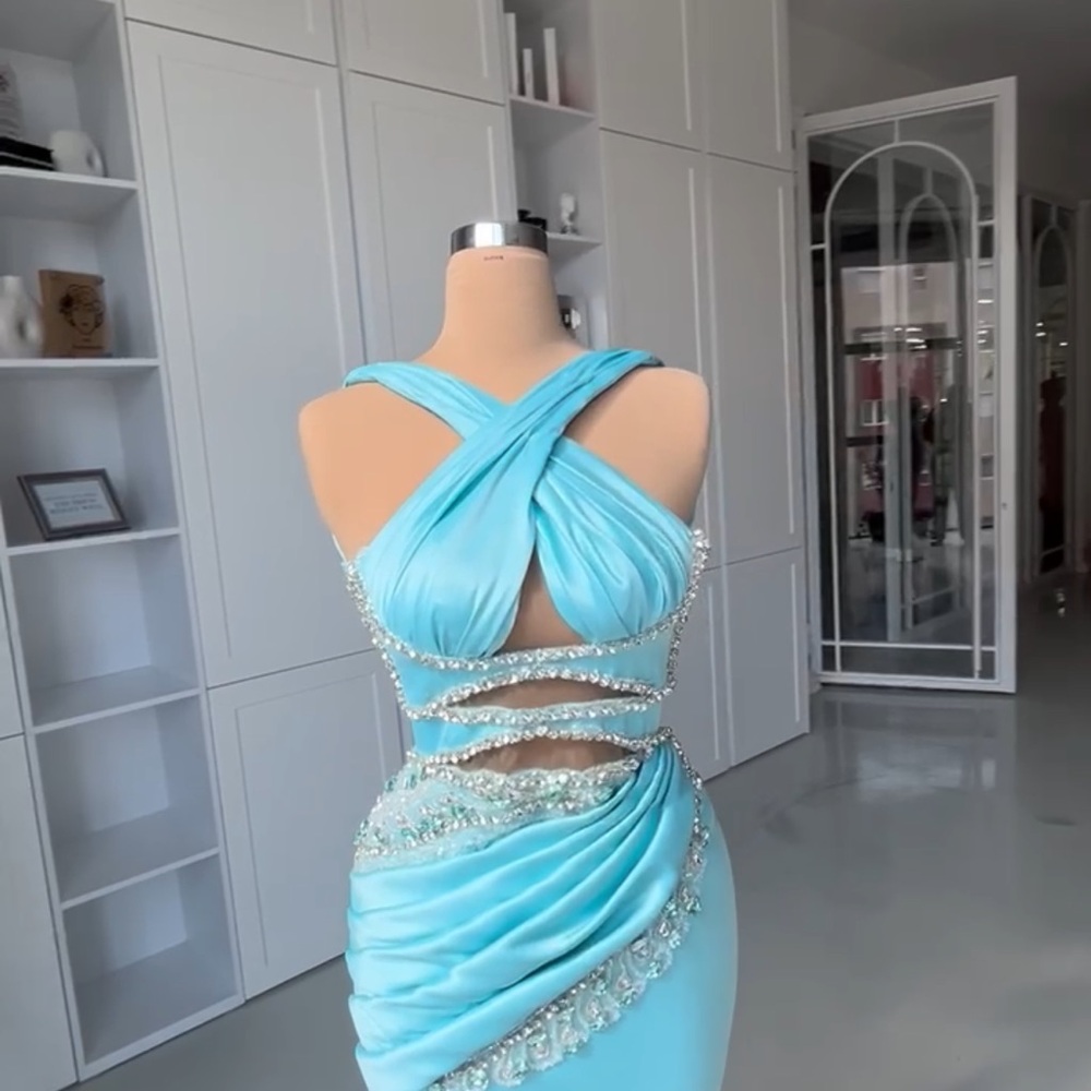Blue Asymmetrical Ruched Halter Cocktail Dress - Picture 2 of 3